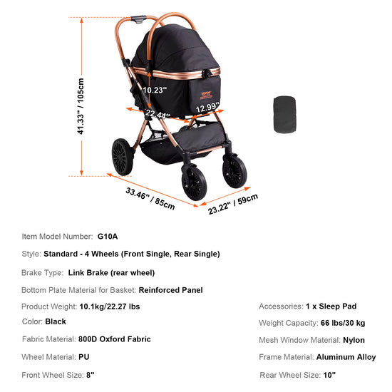 Succebuy 66 Lbs Pet Stroller Foldable Dog Puppy Stroller with Brakes Storage Basket Detachable Carrier for Small to Medium Dogs